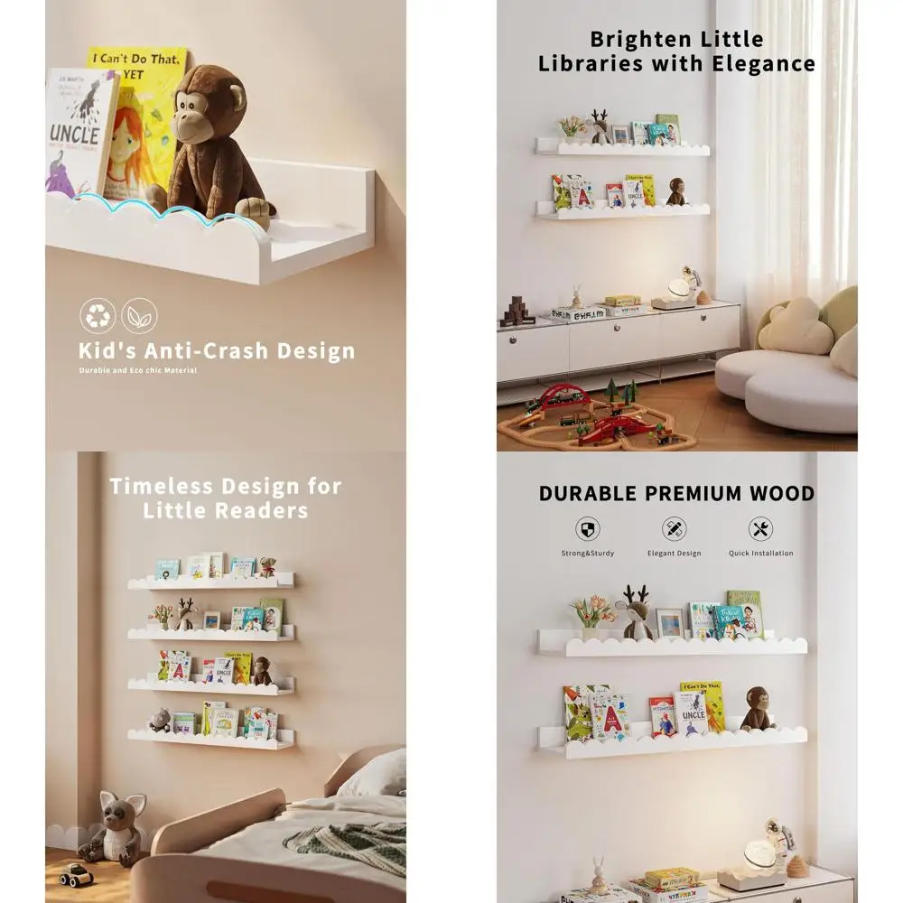 

4-Pack White Floating Scalloped Shelves for Kids' Rooms, Nursery, and Bedroom Decor