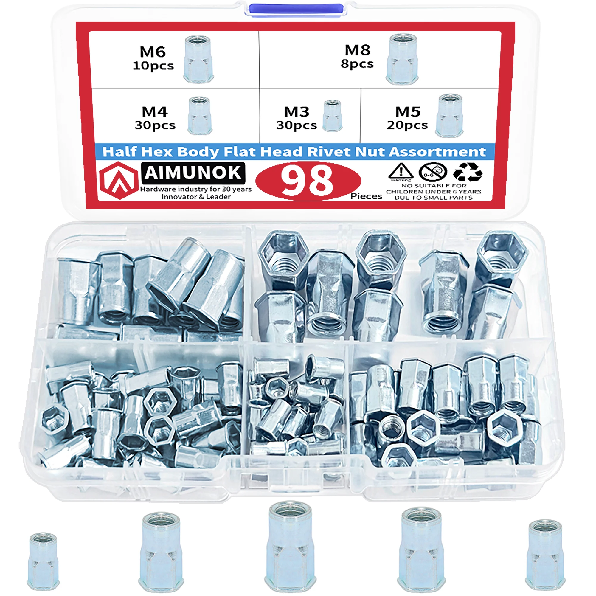 

98pcs Half Hex Body Flat Head Rivet Nut Assortment M3 M4 M5 M6 M8 Threaded Rivet Insert Nutsert Cap Rivet Nut for Housings Panel