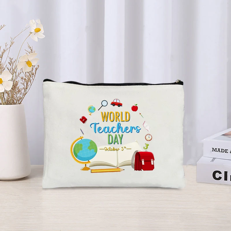 World Teacher's Day Pattern Makeup Bag for Women Best Gift for Teacher Graduation Gift Pencil Case School Travel Lipstick Bags