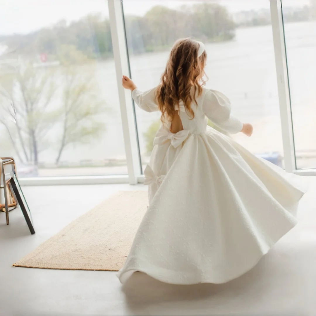 White Flower Girl Dress Long Puff Sleeve Back Cutout Multi Bows Textured Fabric Kids Long Wedding Communion Birthday Party Dress