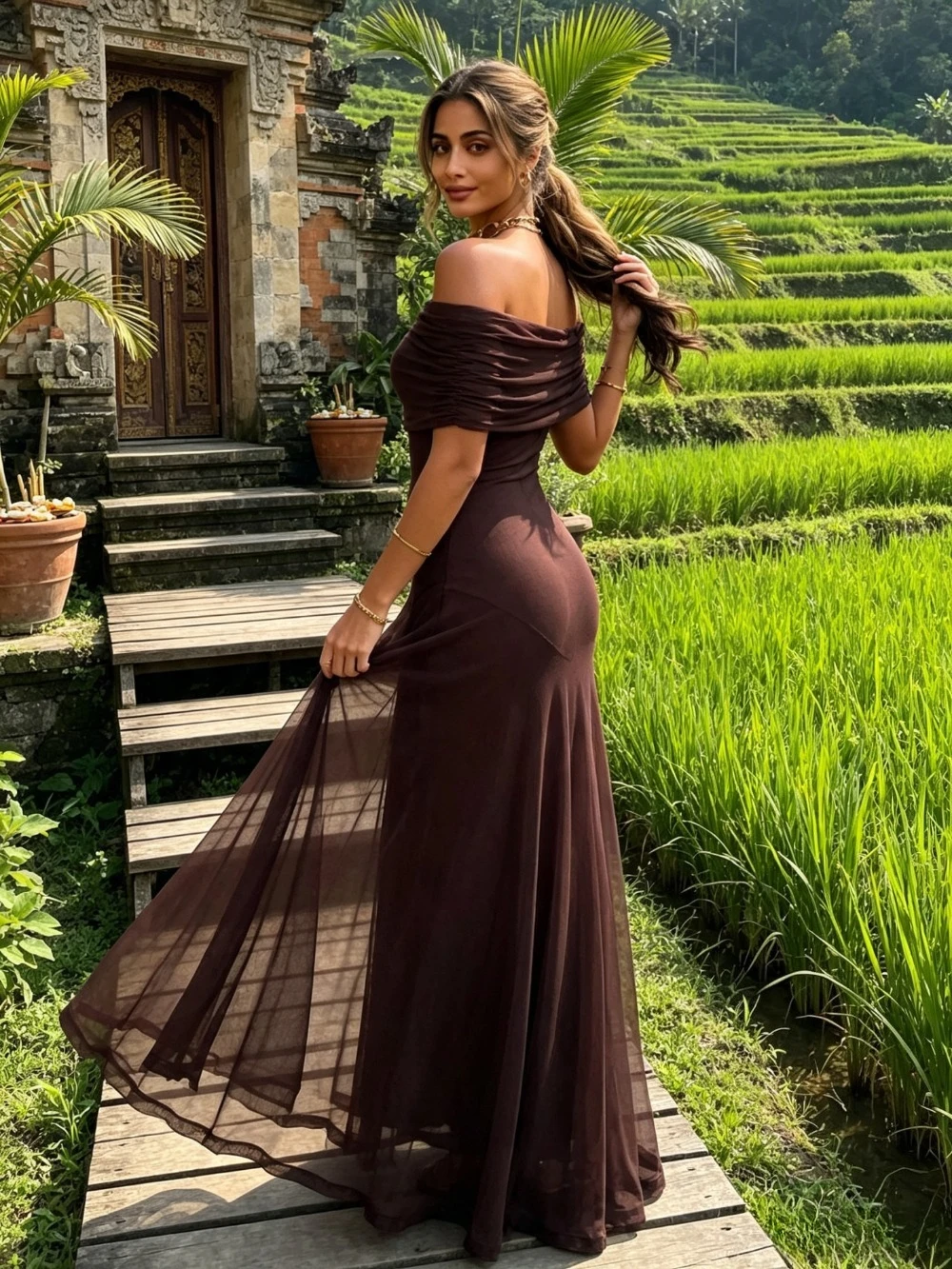 Customized Dark Brown Off Shoulder High Waisted Evening Dress 2026 Simple Chiffon A-line Ball Gown Suitable for Wedding Guests