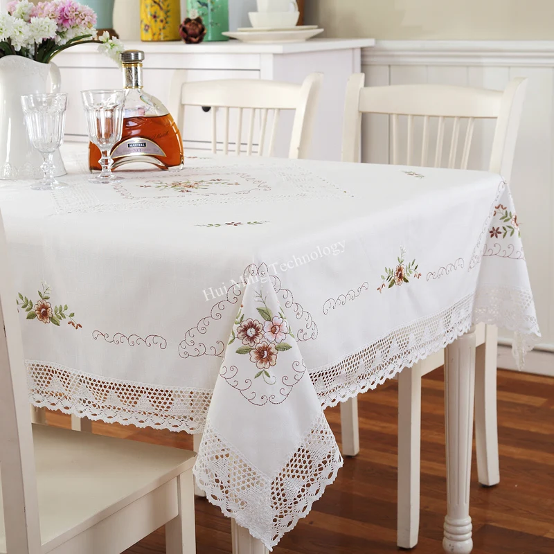 Tablecloth White Cotton Yarn Europe Embroidered Table Juppe Dining Table Cover Flower Lace Pastoral Coffee Table Towel Cover