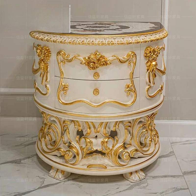 

European solid wood bedside table French luxury carved bedroom side cabinet locker