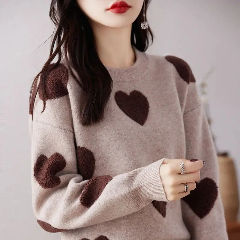 New Autumn and Winter Fashion Lazy Style High Grade Love Colored Collar Loose Versatile Foreigner Women\'s Long Sleeve Sweater