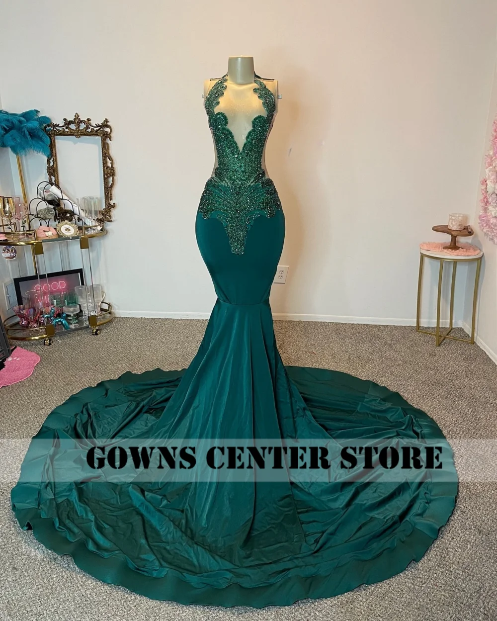 Abiti da ballo a sirena verde foresta Abiti da gala da sera per ragazze nere personalizzati Strass Cristalli Abito da cerimonia nuziale Aso Ebi