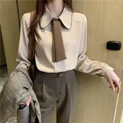 Professional Tie Shirt Women's Long Sleeve 2023 New Korean Edition Autumn/Winter Ear Collar Shirt Fashion Reduced Collar Tops