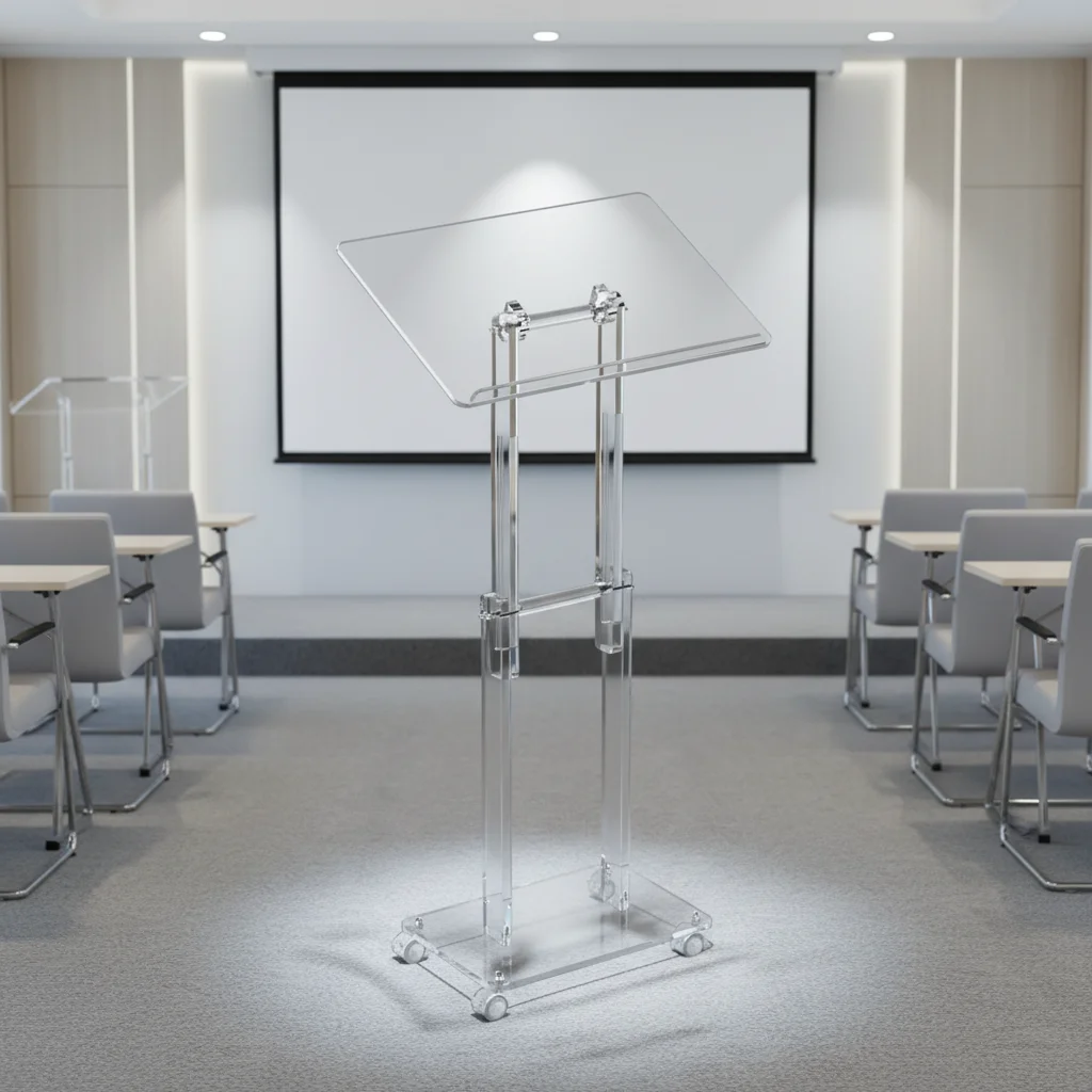 xg-Modern Design Transparent Acrylic Podium Table Movable Lecturer Wheels for School Supermarket Hotel Meeting Feature Storage@