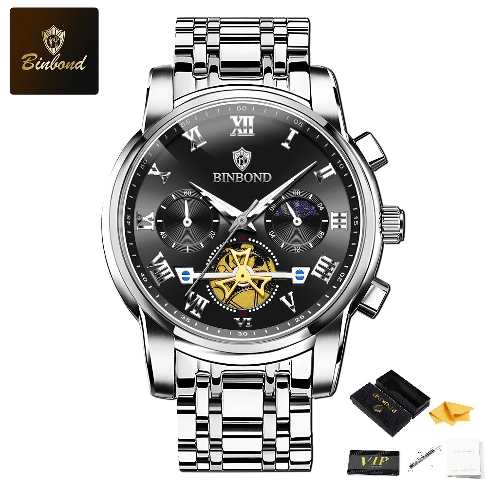 

BINBOND Men's Quartz Watch with Hollowed Dial Design and Luminous Indicator Hands with Waterproof Function and Timer Function