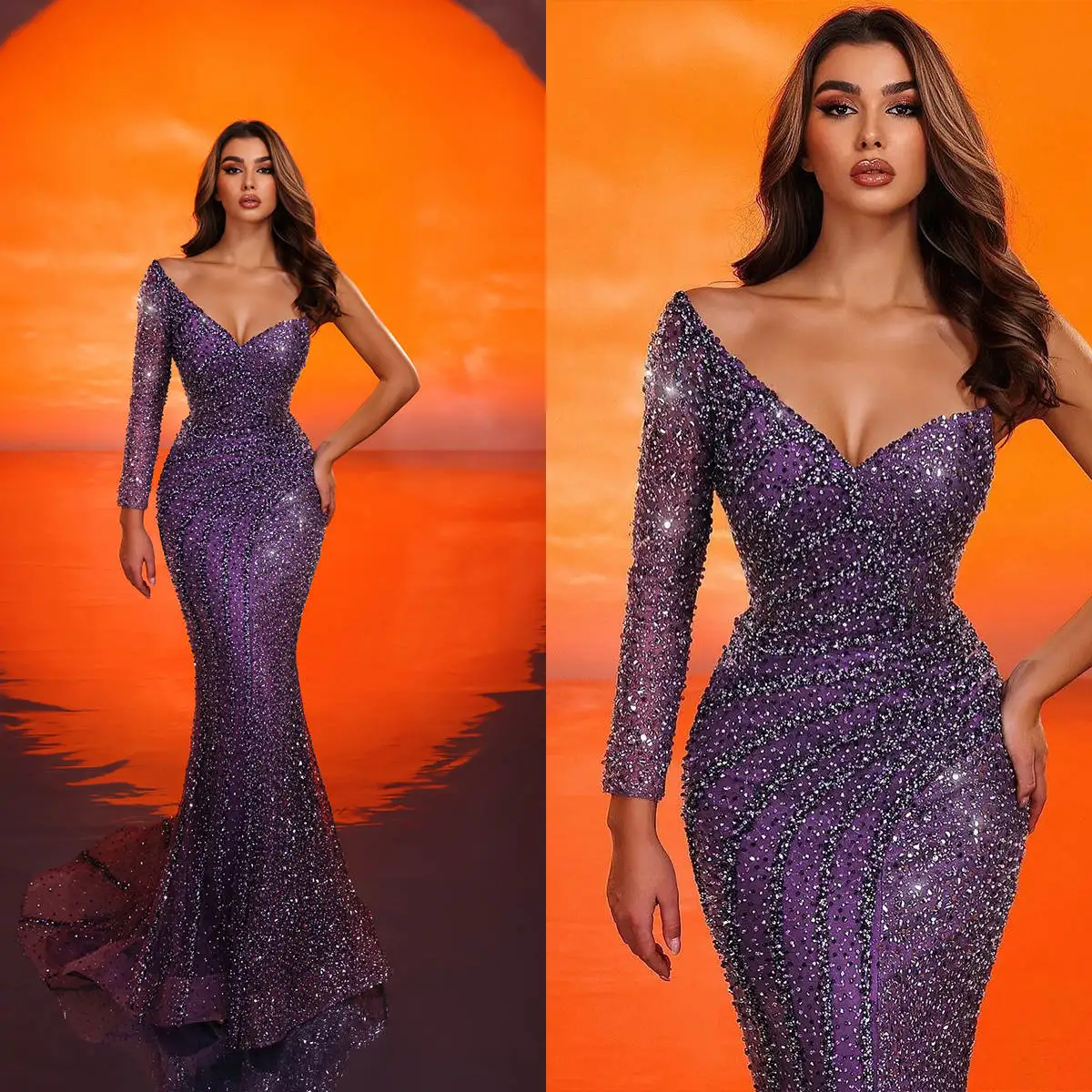 

Gorgeous Sequined Evening Dress Beaded V Neck One Shoulder Long Sleeve Mermaid Prom Gowns Sweep Train Formal Dresses Customized