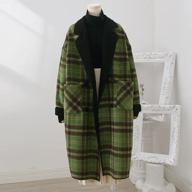 

Green Checked Lamb Wool Coat Women's Winter Coat New Korean Temperament Loose Mid-length Over-the-knee Coats Jackets