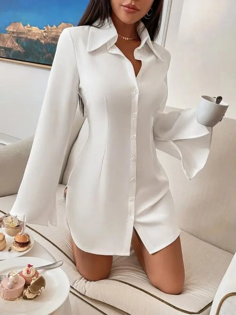 

Split Sleeve Single Breasted Shirt Dress