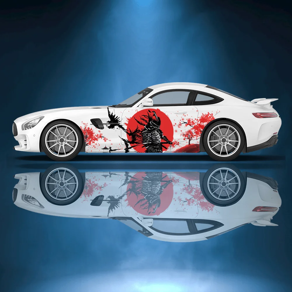 

Красное дерево с цветком сливы, красный круг, черный японский самурай, автомобильная наклейка, цветочное украшение для всего тела, покрытие царапин