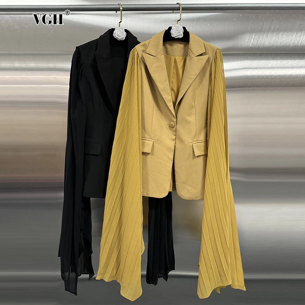 

VGH Casual Spliced Pockets Solid Blazers For Women Notched Collar Butterfiy Sleeve Minimalist Slimming Blazer Female Fashion New