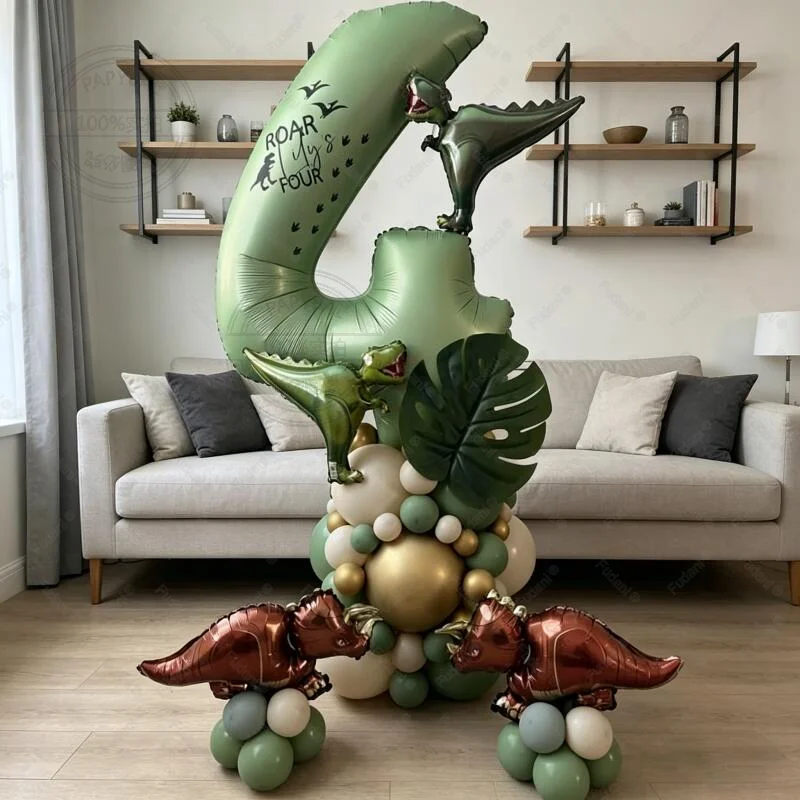 58-teiliges Mini-Triceratops-Tyrannosaurus-Rex-Ballon-Set, 40 Zoll Olivgrüne Zahlenballons 1-9, Dinosaurier-Themen-Partydekoration