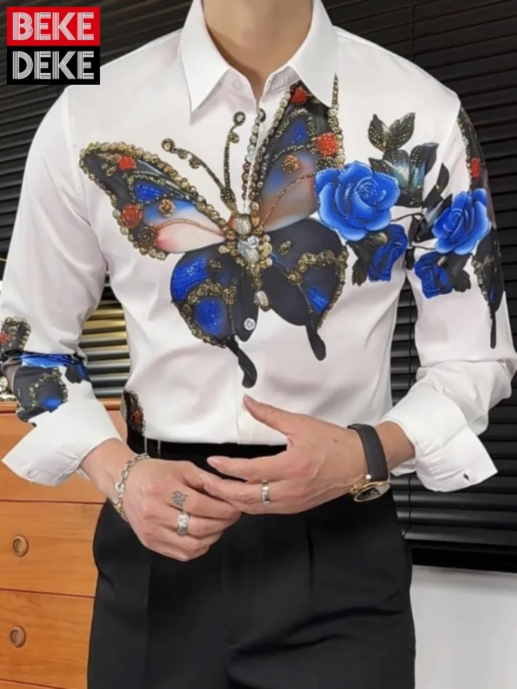 

Fashion Printed Butterfly Diamond Mens Shirt Long Sleeved Chic Slim Fit Stage Tops Turndown Collar Single Breasted Dance Shirts