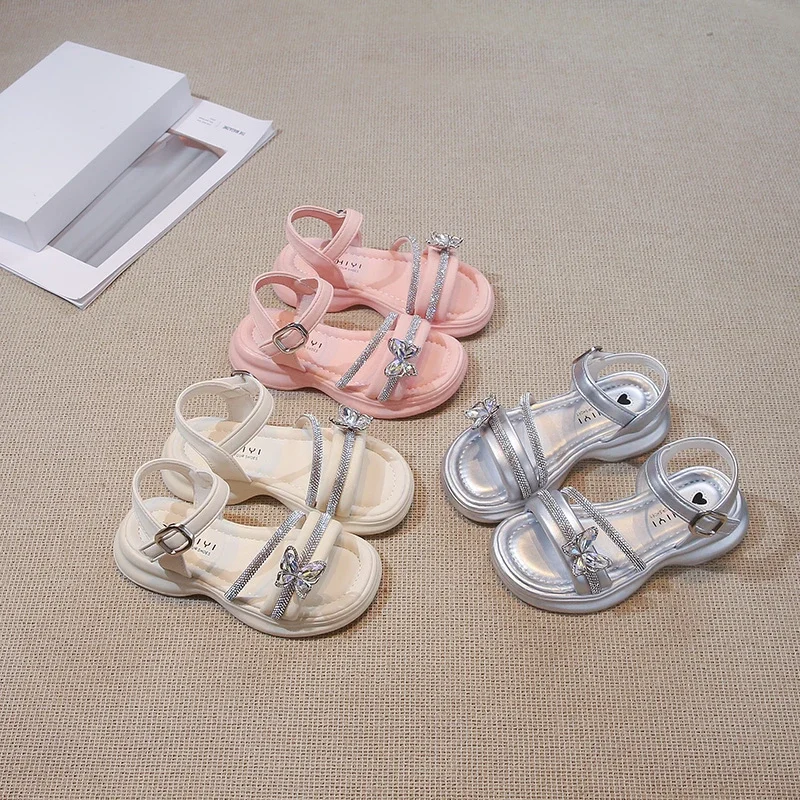 Fashion Butterfly Girls' Sandals 2024 Summer New Children's Soft Sole Anti Slip Beach Shoes Bowtie Baby Princess Shoes