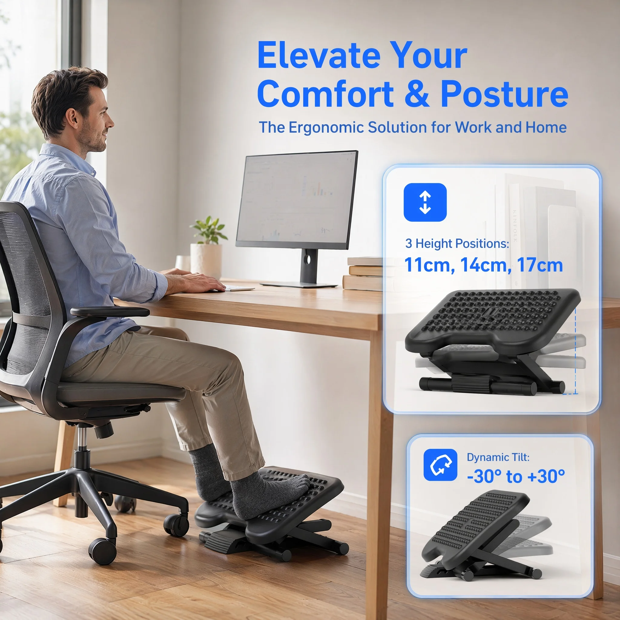 1/2pcs Adjustable Desk Footrest, Foot Rest for Under Desk at Work with Massage, Adjustable Foot Stool with 3 Height Position & 30 Degree Tilt Angle Adjustment for Home, Office