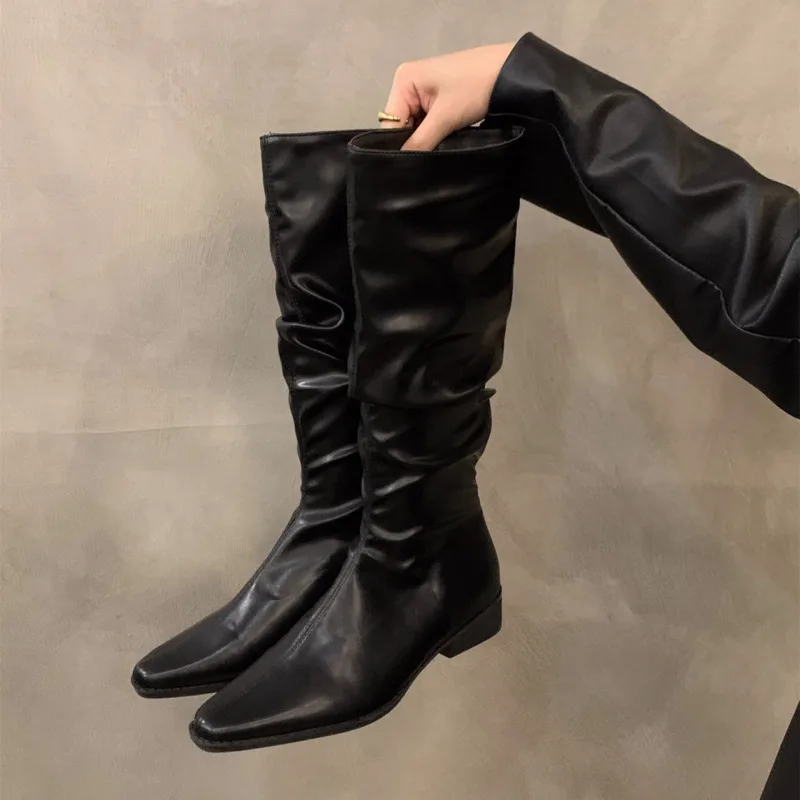 

Women Knee High Boots Fashionable square-heeled autumn/winter popular pointed-toe thick Low Heel pleated knee-high knight boots