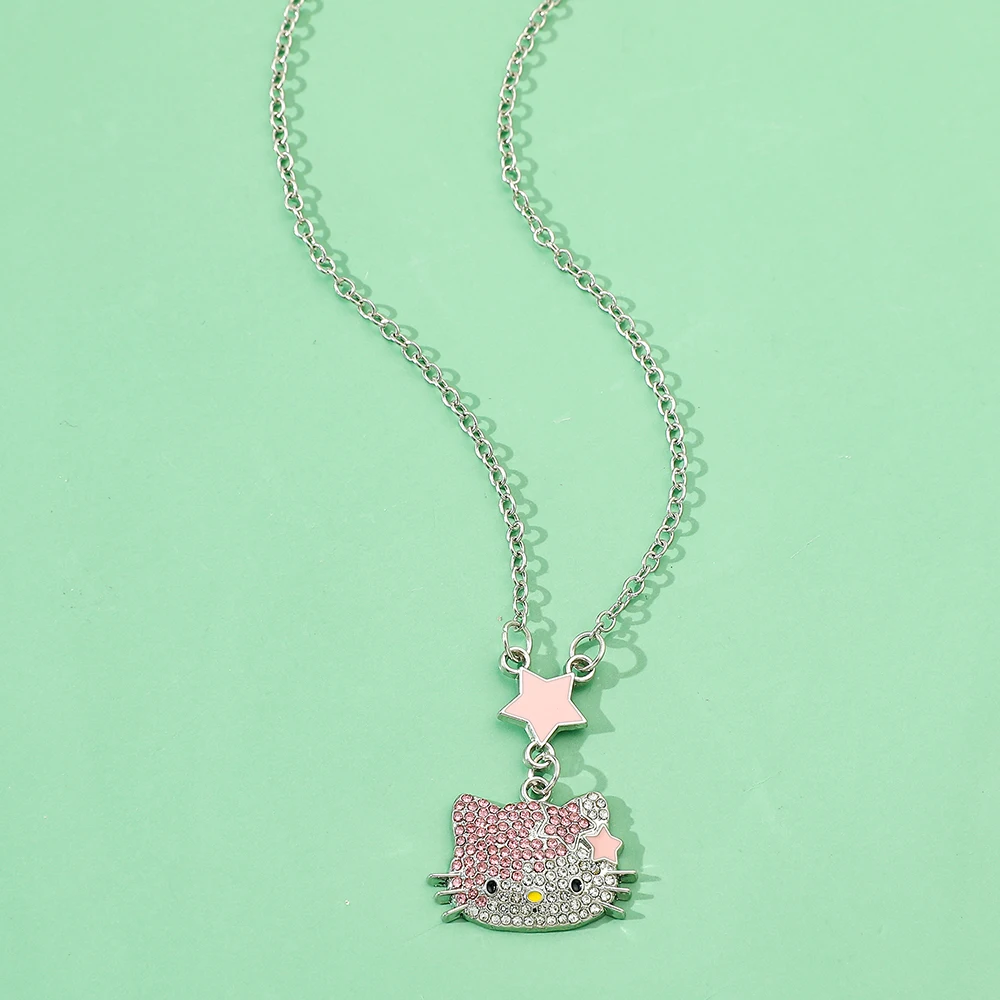 Kawaii Hello Kitty Necklace Sanrio Pink Stars Diamond KT Cat Cartoon Cute Anime Pendant Necklace Fashion Jewelry Girl Gifts