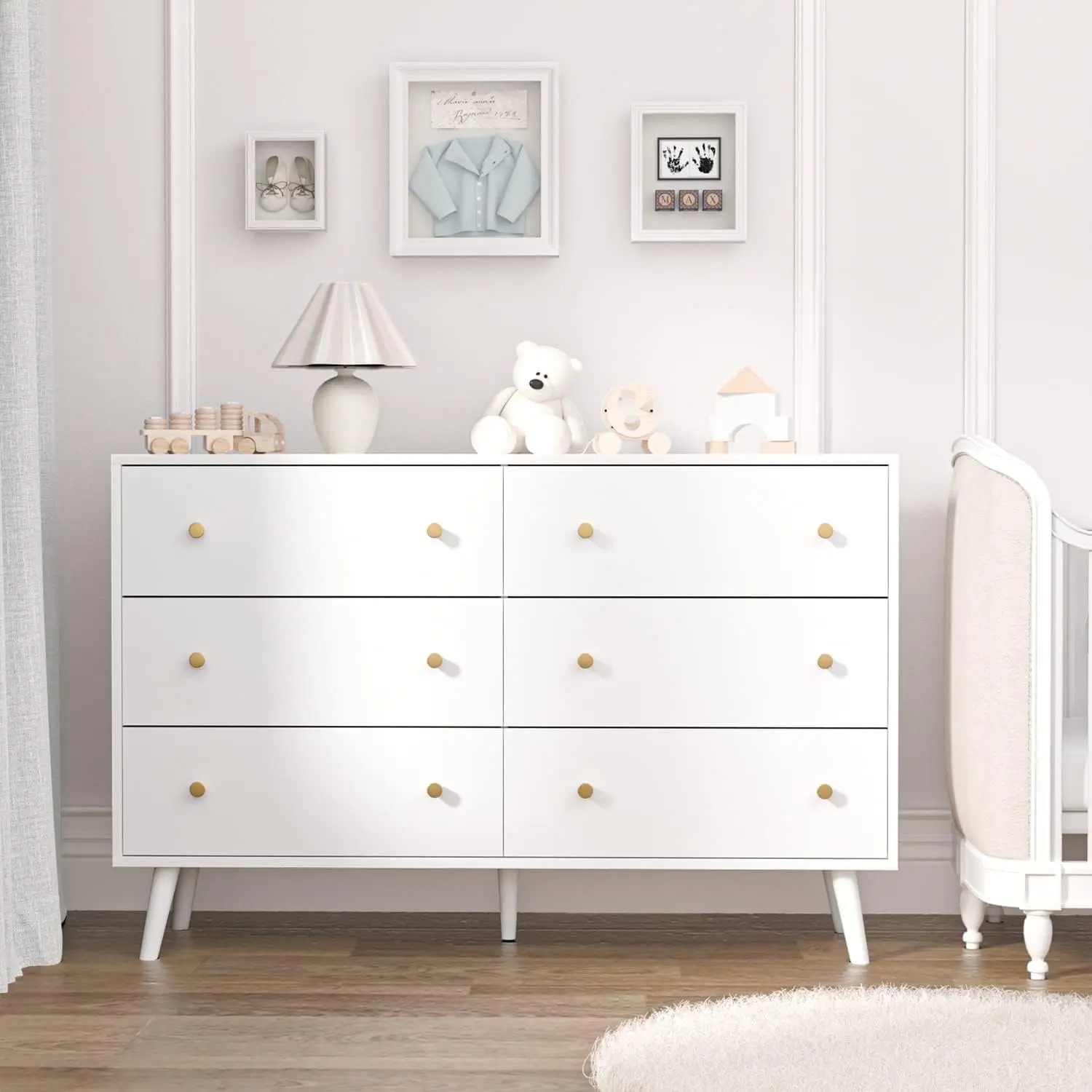 White Dresser for Bedroom, Modern 6 Drawer Dresser, Wide Chest of Drawers with Gold Handles, Wood Double Dresser Storage Cabinet