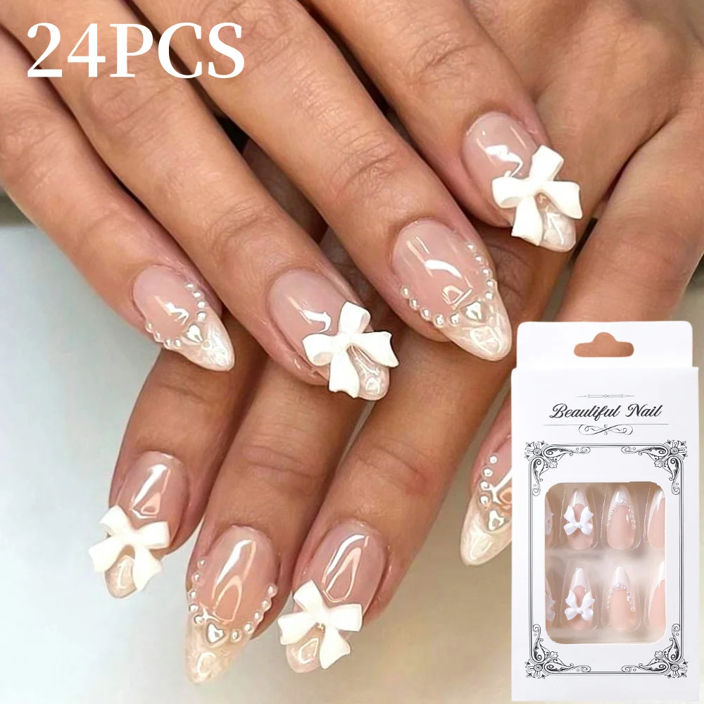 1 caixa (24 peças + gel de gelatina) imprensa de amêndoa francesa em unhas 3d bowknot pérolas encantos unhas falsas remendo de unhas simples para mulheres manicure diy