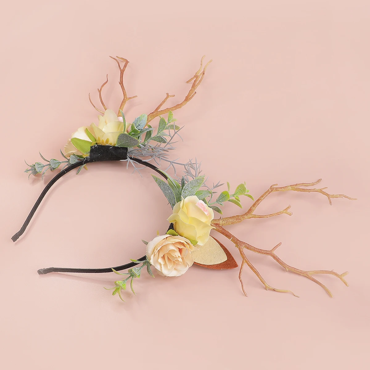 Haarband mit synthetischen Geweihblumen im Wald-Stil, Feenhaarband mit Baumspitzen, Cosplay-Kopfbedeckung für Weihnachten und Halloween, Foto- und Videodrehszenen – Detail 3