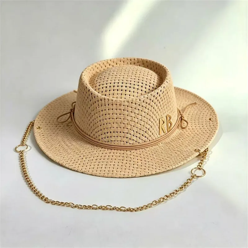 Chain Decor Fashion Accessory Hat, Hollow Breathable Woven Straw Sun Hat
