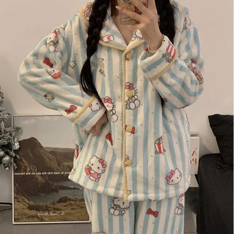 Cartoon Sanrio pajamas women\'s winter flannel thermal loungewear suit casual two-piece set thermal Hello Kitty women\'s pajamas