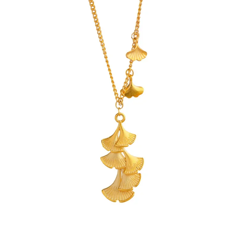 9999 real gold 24K yellow gold Ginkgo biloba clavicle necklace