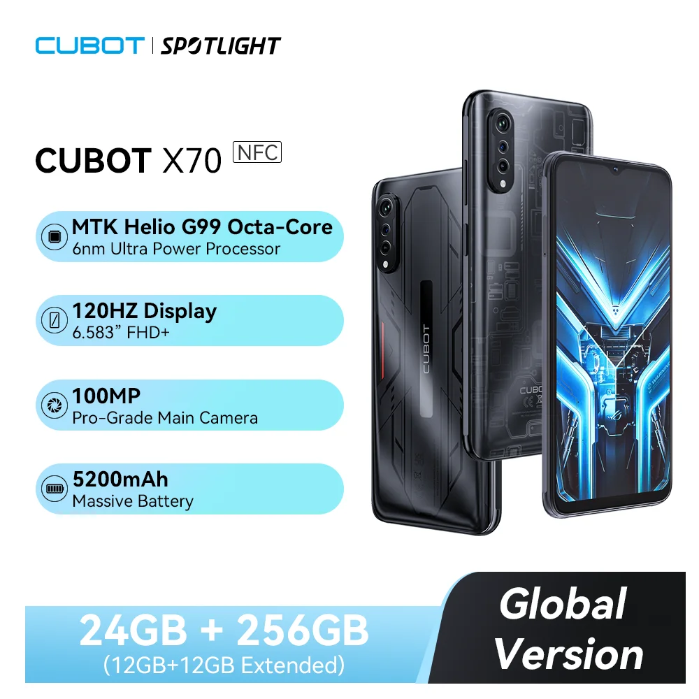 

Cubot X70, Android 13, Helio G99, Octa-Core, 120Hz 6.583 Inch Screen, 24GB RAM(12GB+12GB Extended), 256GB ROM, 100MP Camera, NFC