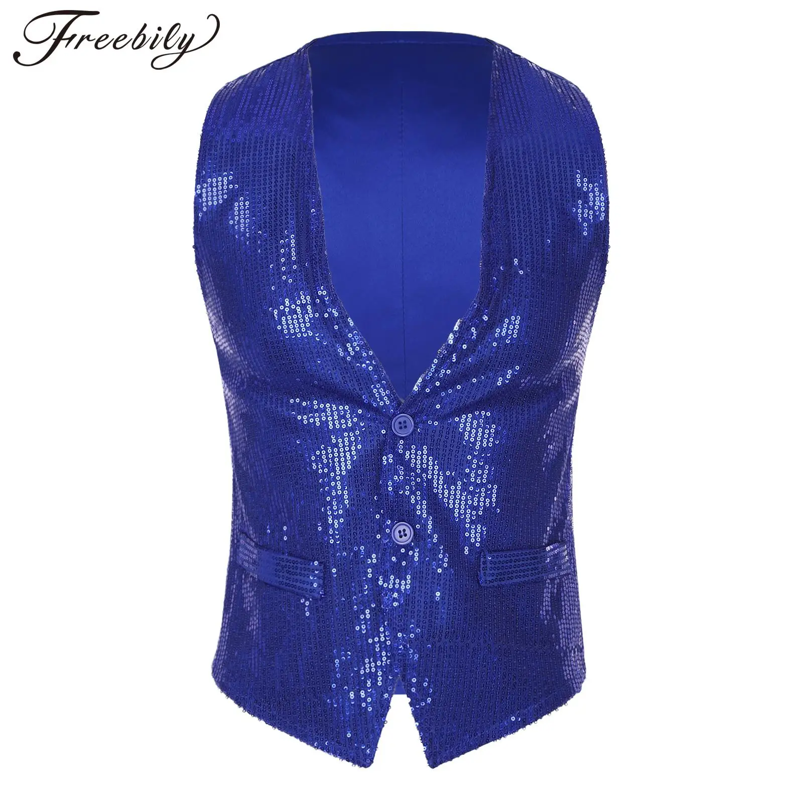 Mens Glittery Sequin Vest Fashion Button Sleeveless Waistcoat Jacket for Dancing Party Club Music Festival Stage Performance