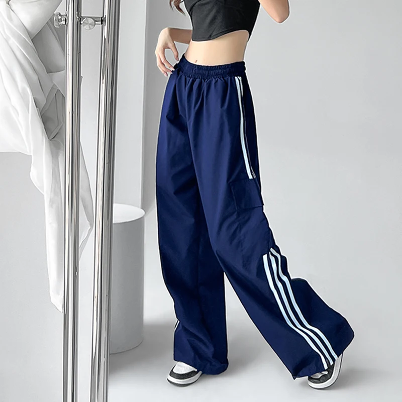 

Zoki Y2K Vintage Stripe Women Cargo Pants Summer Korean High Waist Loose Casual Wide Leg Trousers Hip Hop Streetwear Sweatpants