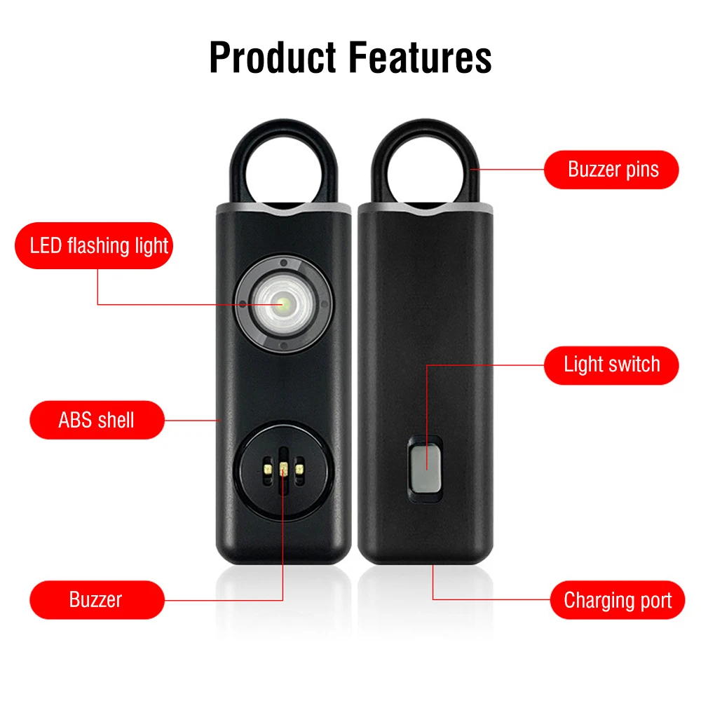 BORUiT LED Flashlight Keychain Self DefenseNoise Alarm Protective Lamp Built-in Battery Type-C Rechargeable Emergency Torch EDC