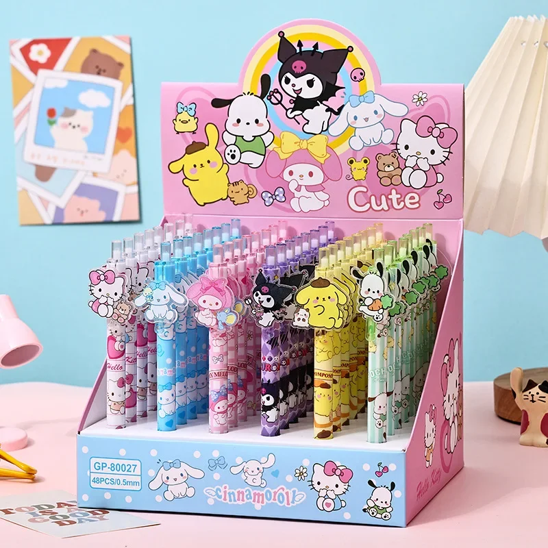 Sanrio 24 /48 Gel Pens Cute Kuromi Melody Hello Kitty Acrylic Patch Press Pen 0.5 Black Girls Highvalue Stationery Student Gifts