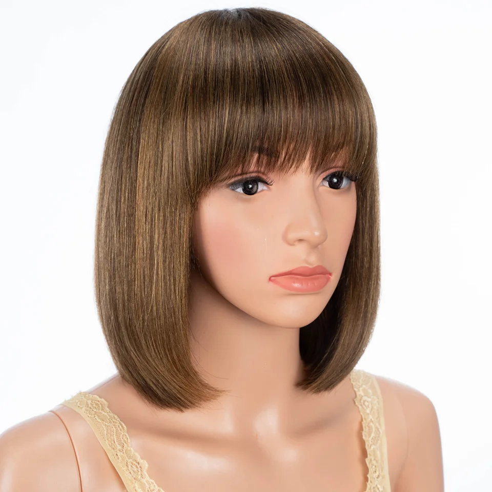 Short Human Hair Wigs For Women 100% Real Ready To Wear Straight Bob Brazilian Hair Wigs With Bangs P4/30 Brown Colored Wigs