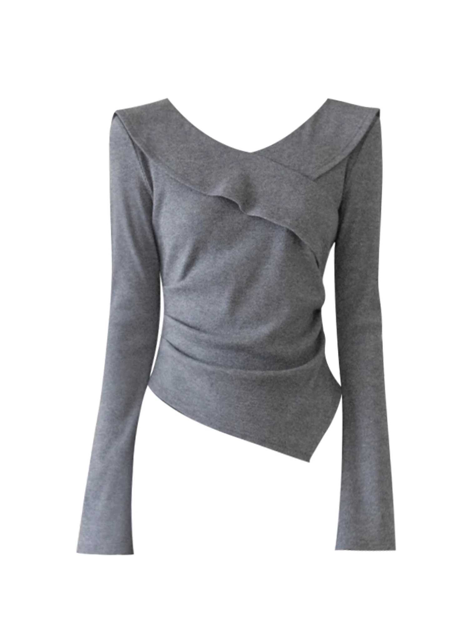 女性グレー V ネック Tシャツ Y2k ギャル Tシャツトップヴィンテージ美的長袖非対称 Tシャツ 2000 年代の服春秋 2025