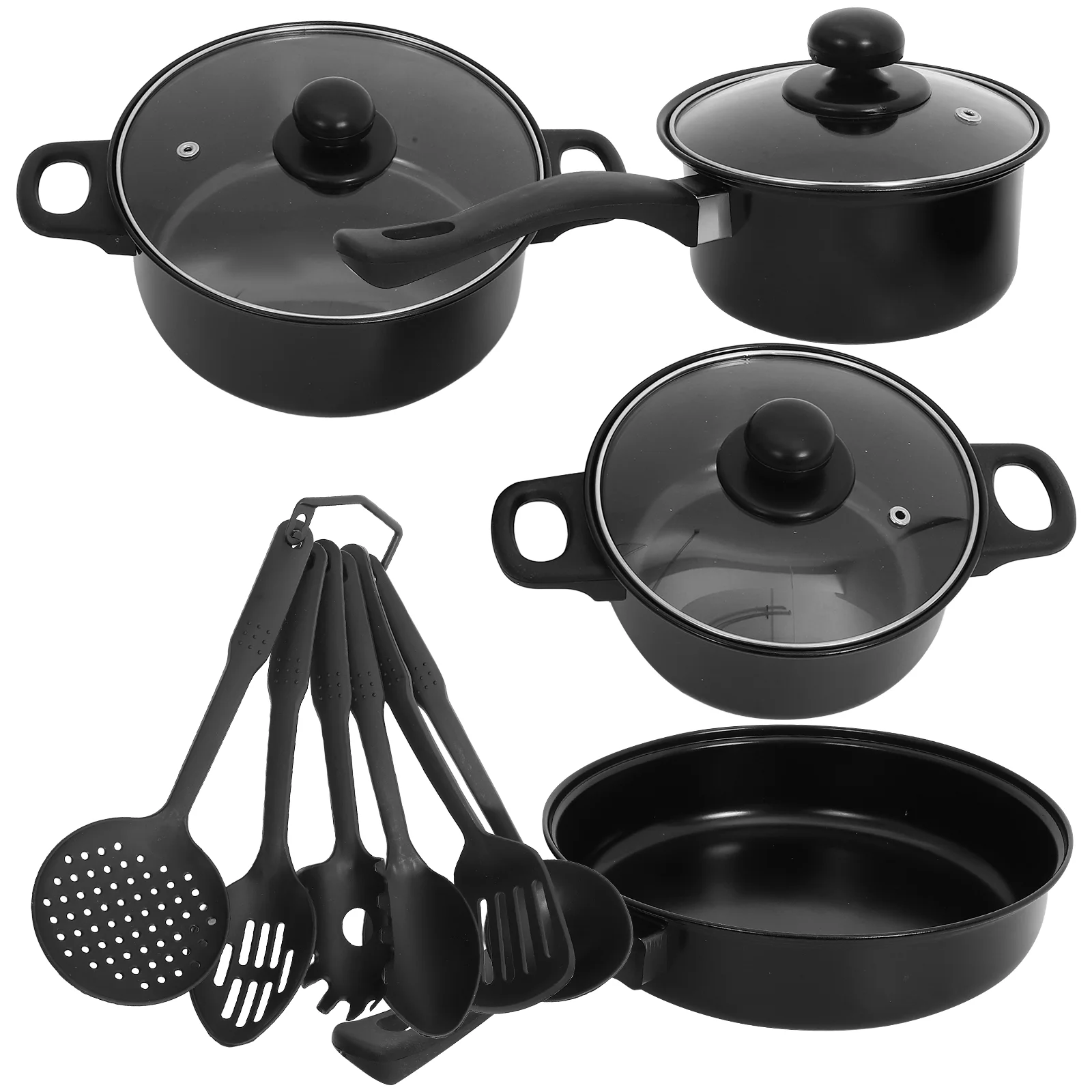 

7 Pcs Nonstick Pan with Lid Flat-bottomed Small Frying Pans Soup Pots and Cast Iron Camping Detachable Black Travel