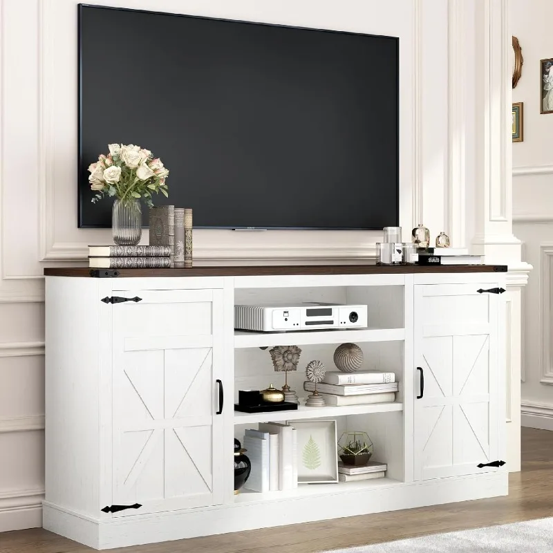 Farmhouse TV Stand com Power Outlets, Centro de entretenimento alto 33 "com armários, TVs 66", 75 "e 65"