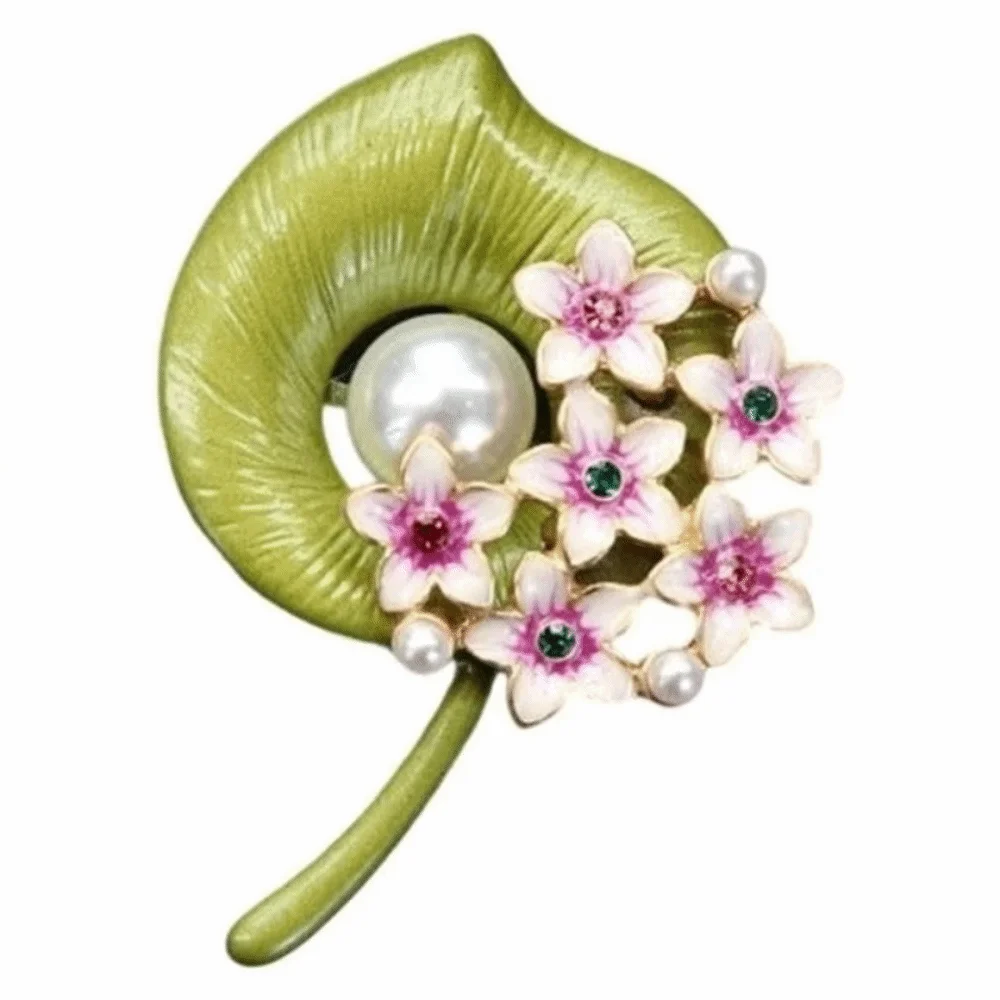 Nature Theme Handmade Plant Brooch Exquisite Vintage Flower Brooch Enamel Alloy Texture Pearl Brooch Collar Accessories