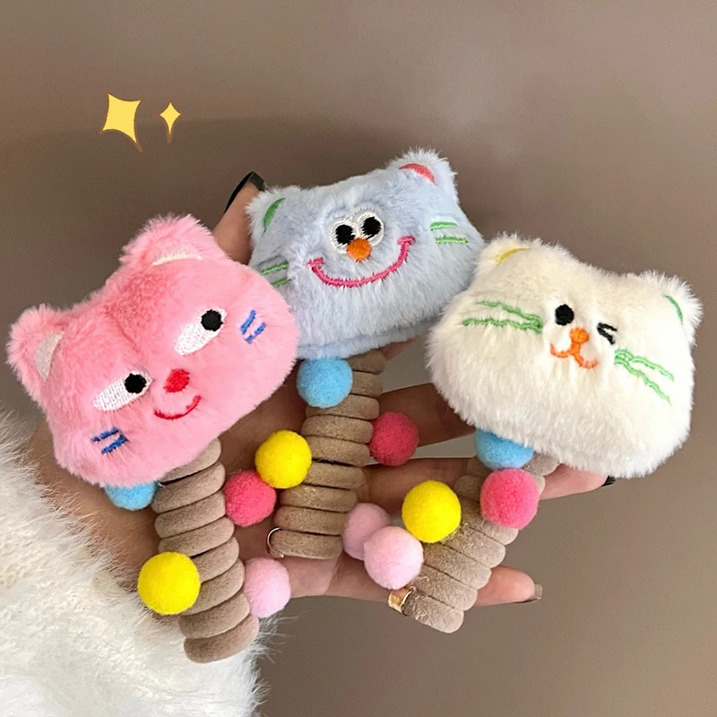 Nuevo lindo muñeco de peluche gatito espiral lazos para el cabello Cola de Caballo cuerda para trenzar el cabello alambre de teléfono creativo bandas elásticas para el cabello