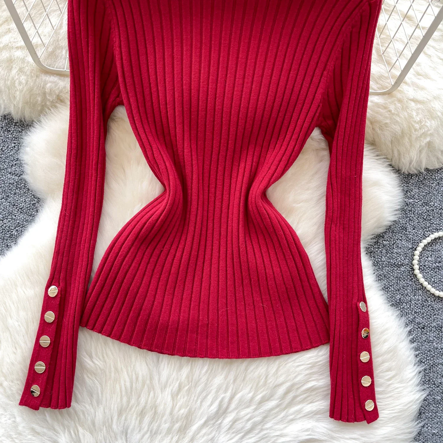 Vintage Turtleneck Basics Long Sleeve Chic Metal Buttons Vertical Knit Top Women Fashion High Street Autumn Winter Slim Clothing