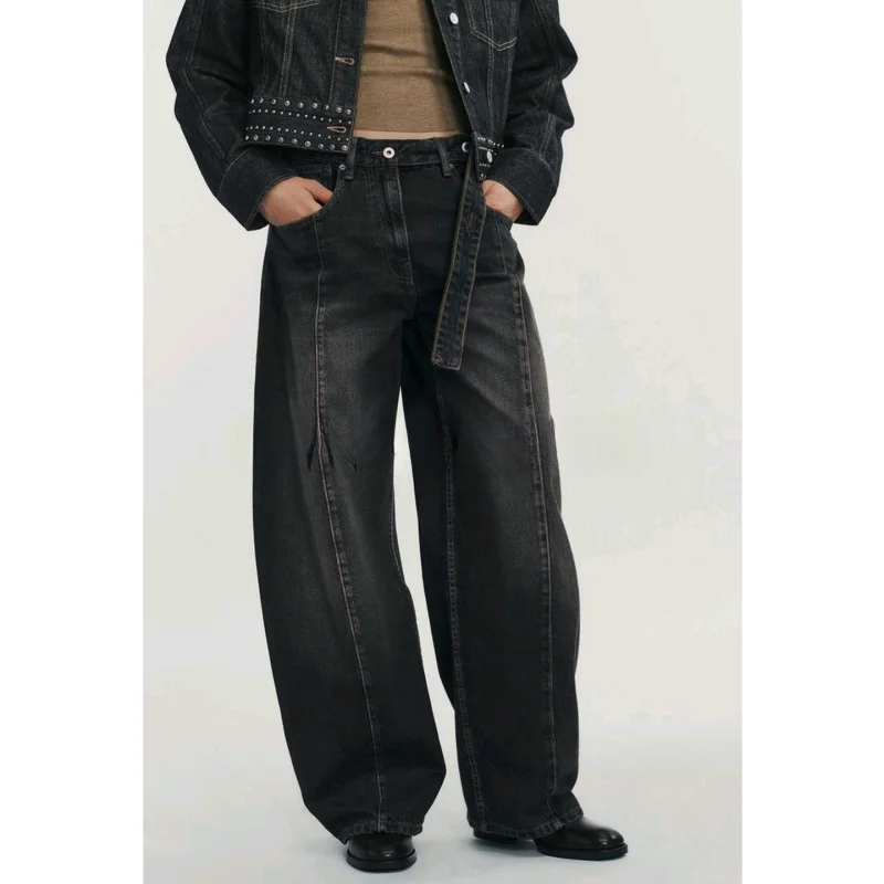 Faionable Lage Taille Loose Fit Denim Jeans Damesriem Versierd Herfst Nieuwe Sle Mid Century Sle Polyestervezel Rits...