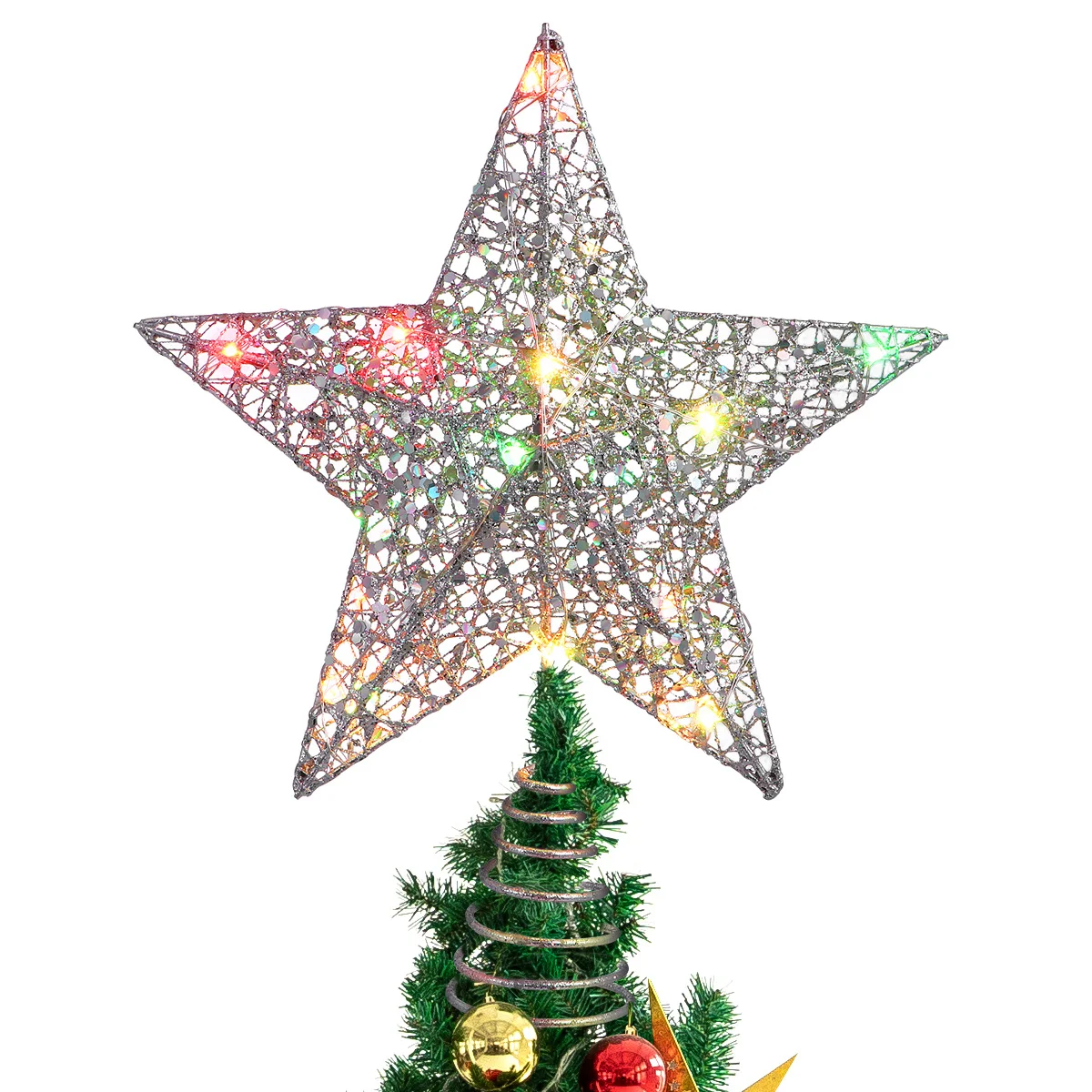 

25X30Cm Christmas Tree Topper Star Silver Led Lights Operated 2 Aa Rustproof Iron Spring Stand Easy Install Home Party
