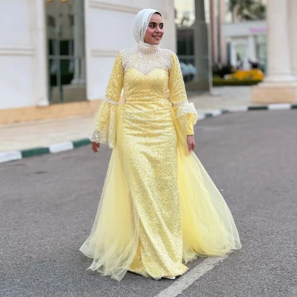 

Вечернее платье хиджаба с блестками по индивидуальному заказу со съемным шлейфом и расклешенными рукавами, мусульманские обручальные платья, жемчужное платье для дня рождения