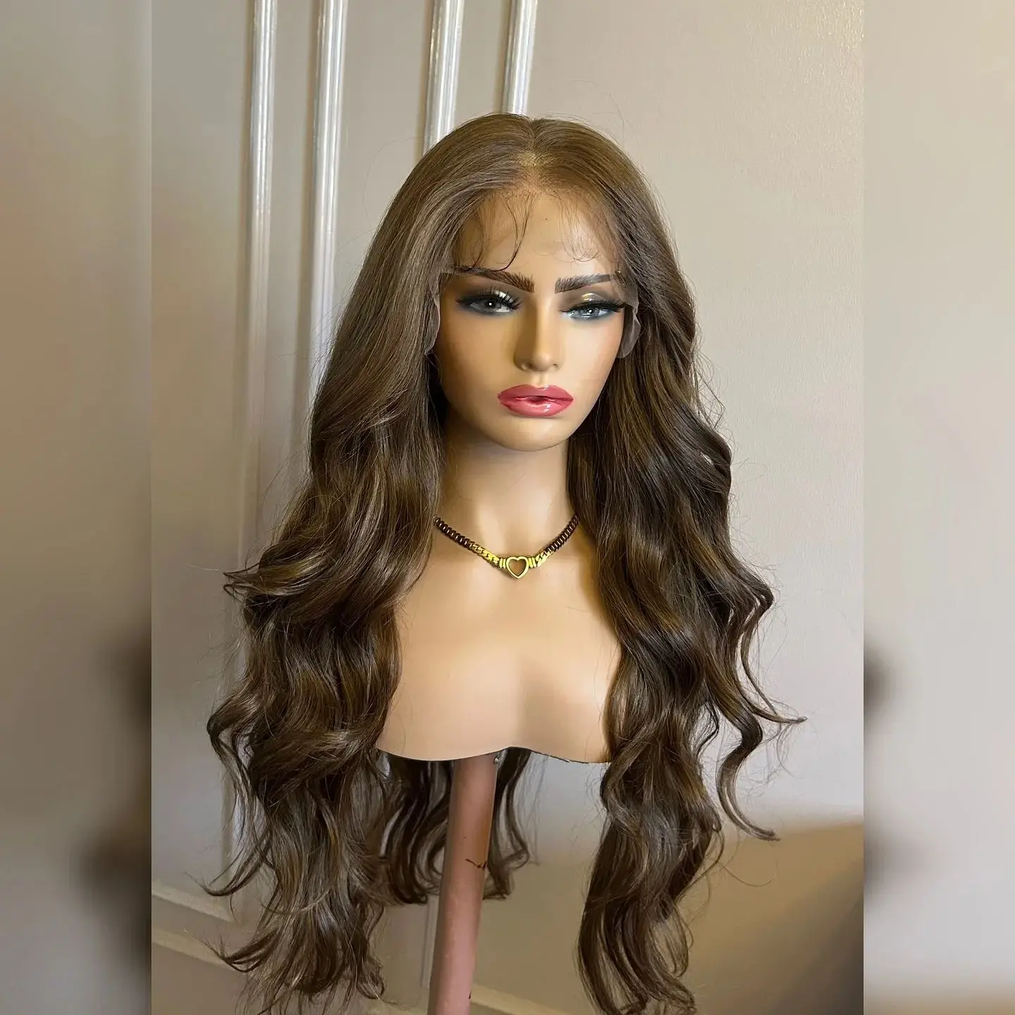 26 Inches Dark Chestnut Brown Synthetic Lace Frontal Wigs Long Length Loose Wave Realistic Look Natural Hairline Women's Wig