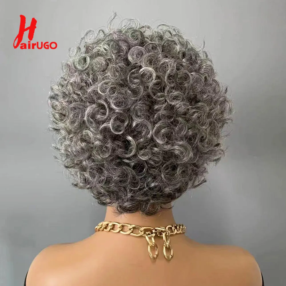 Pelucas de cabello humano rizado con flequillo, pelo corto gris con corte Pixie, Color brasileño #51, sin pegamento