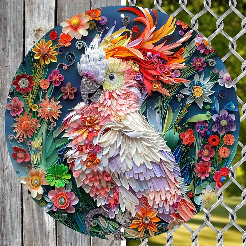 

Aluminum Metal Art Sign, Flat Bird and Floral Wreath, Weather-Resistant, Pre-drilled Dormitory and Home Decor, Pet Bird Theme