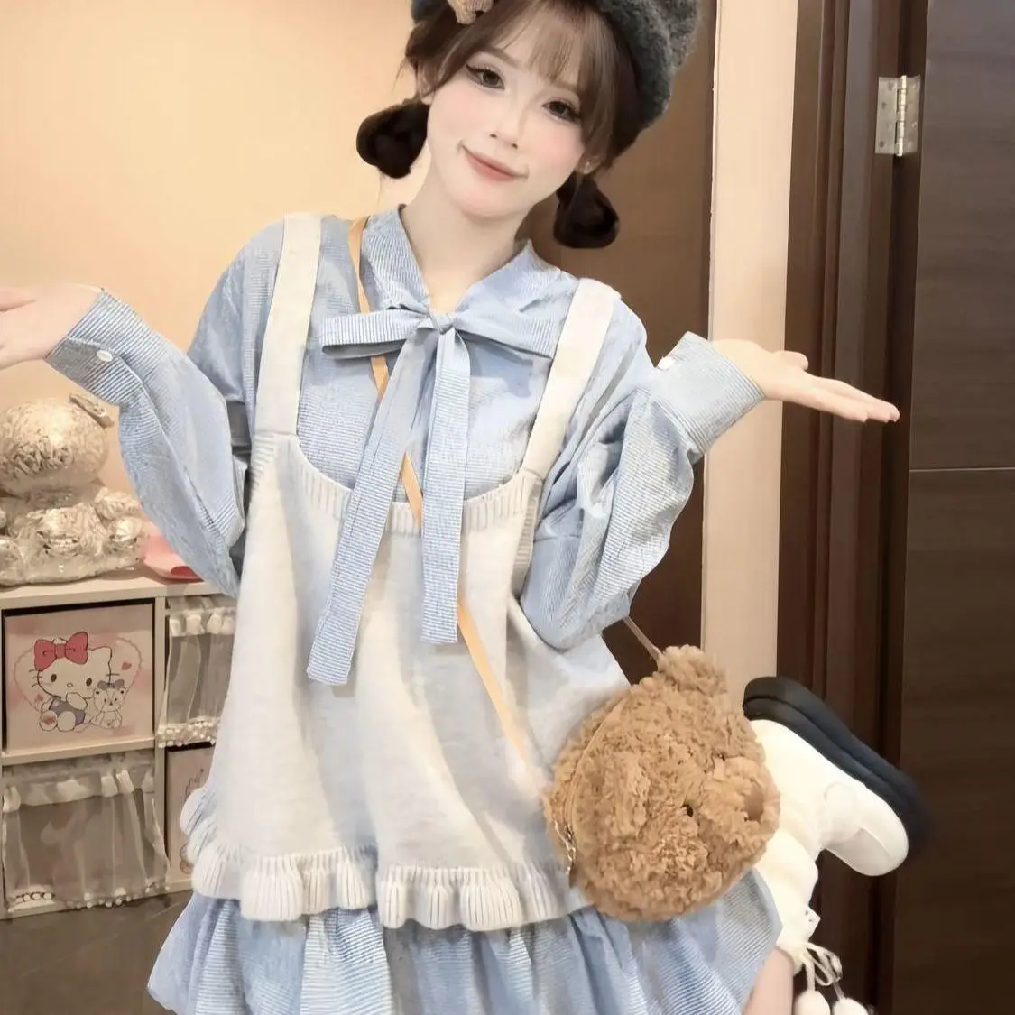 プラスサイズ、韓国風レトロなチェック柄シャツワンピース、リボン付き、スリムに見せる花柄スカート、女性用ベスト、甘い雰囲気のセットアップ、カジュアルスタイル、オールシーズン対応。 1