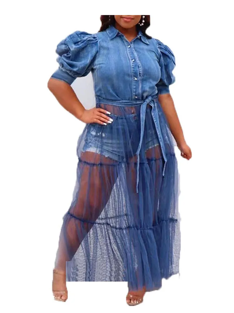 HAOOHU Plus Size Dresses Women Clothing Elegant Shirt Long Denim Dress Mesh Patchwork Ladies Jeans Dress Urban Commute Casual