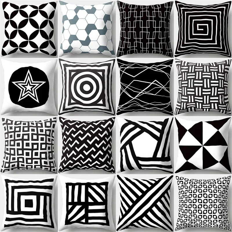 45x45cm Black and White Geometric Pillowcase Line Star Square Polyester Cushion Cover Bedroom Sofa Home Decoration